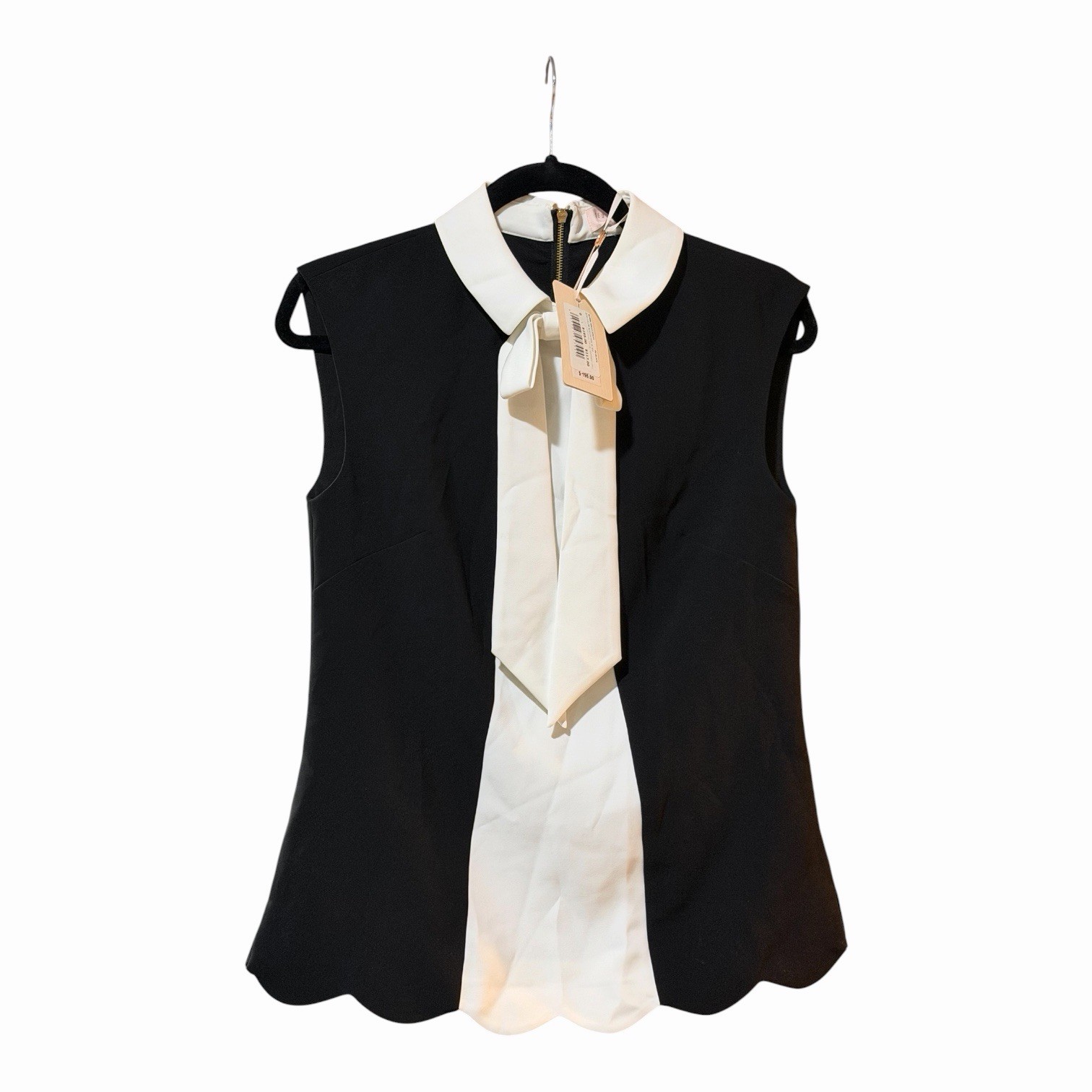 Ted Baker Sylva Bow Collar Top NWT Black White Scallop Hem Size 0 Luxury