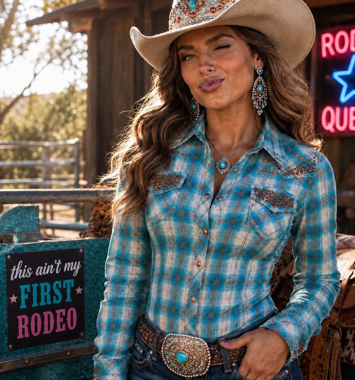 Ariat M Discontinued Turquoise Metallic Plaid Studded Western Rodeo Cowgirl