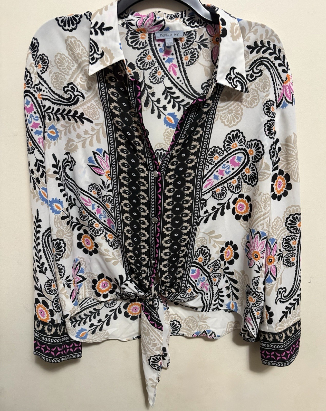 Floral & Ivy Paisley Floral Button Up Tie Front Shirt Blouse Boho Large