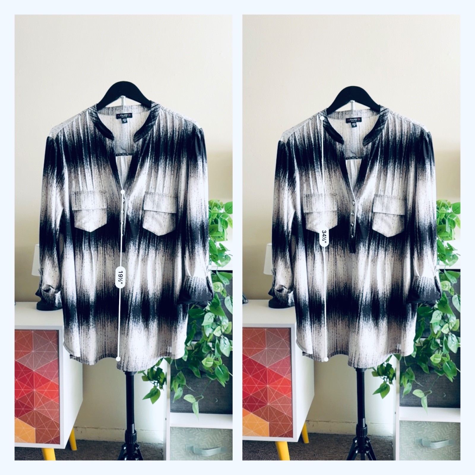 Cocomo Women Plus 2X Blouse Black White Abstract Ikat Roll Tab 3/4 Sleeve Tunic