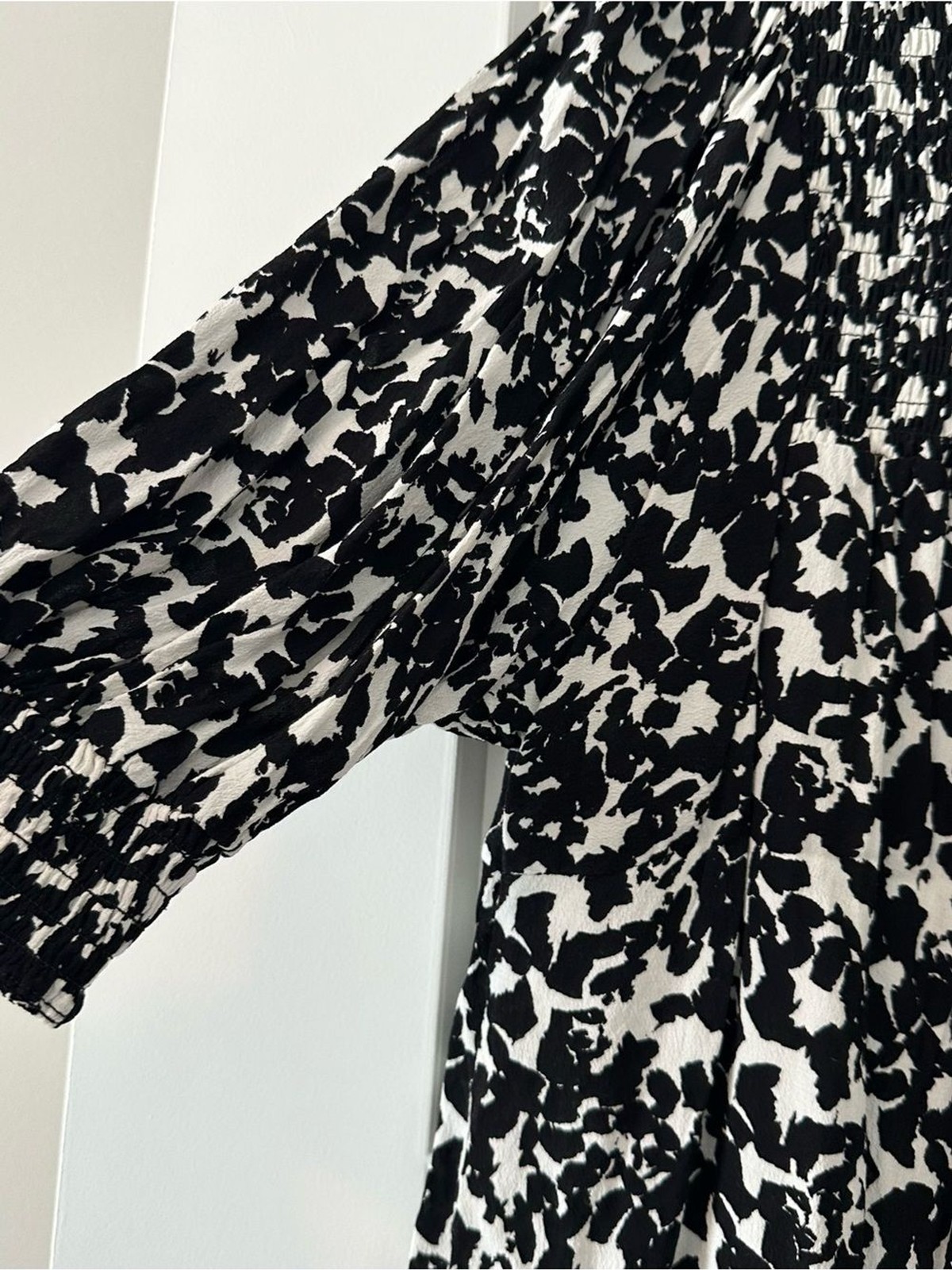 Terra & Sky Black & White Smocked Yoke Floral Print Blouse