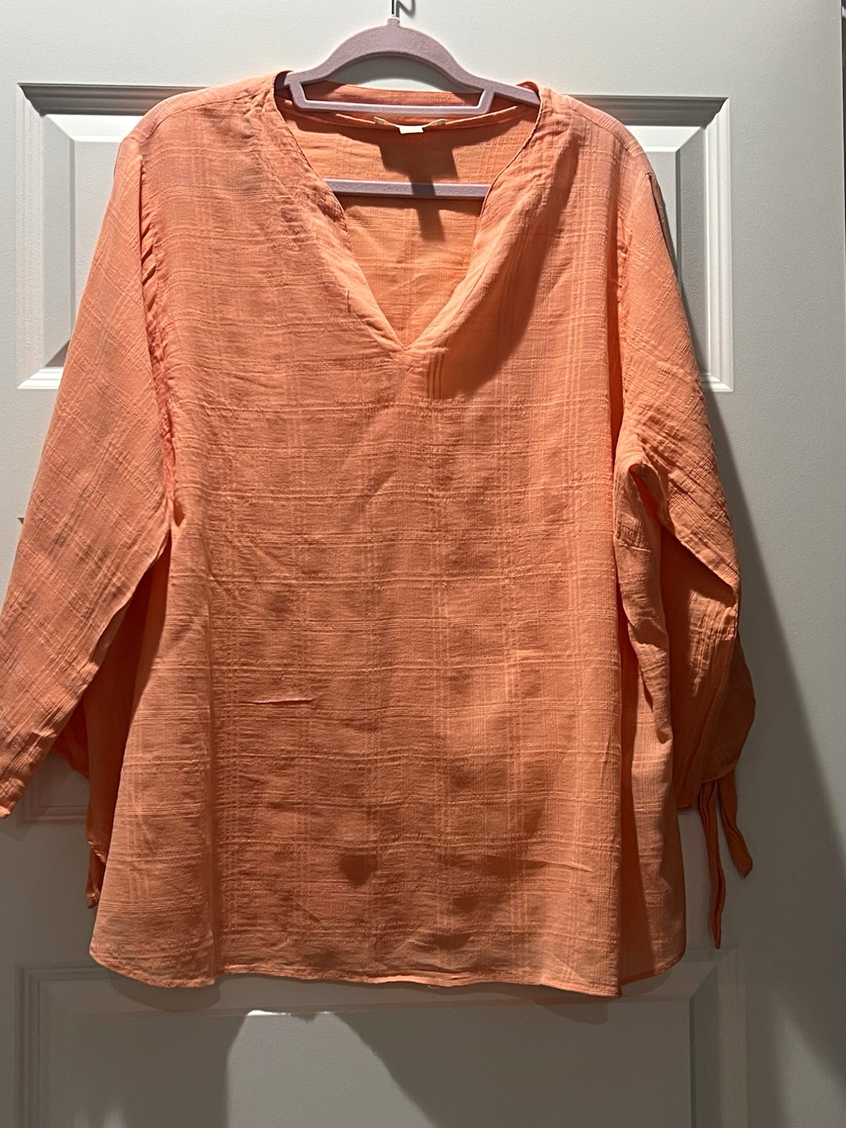 Michael Kors Women’s Plus 3X Orange Solid V-Neck 3/4 Sleeve Pullover Tie Blouse