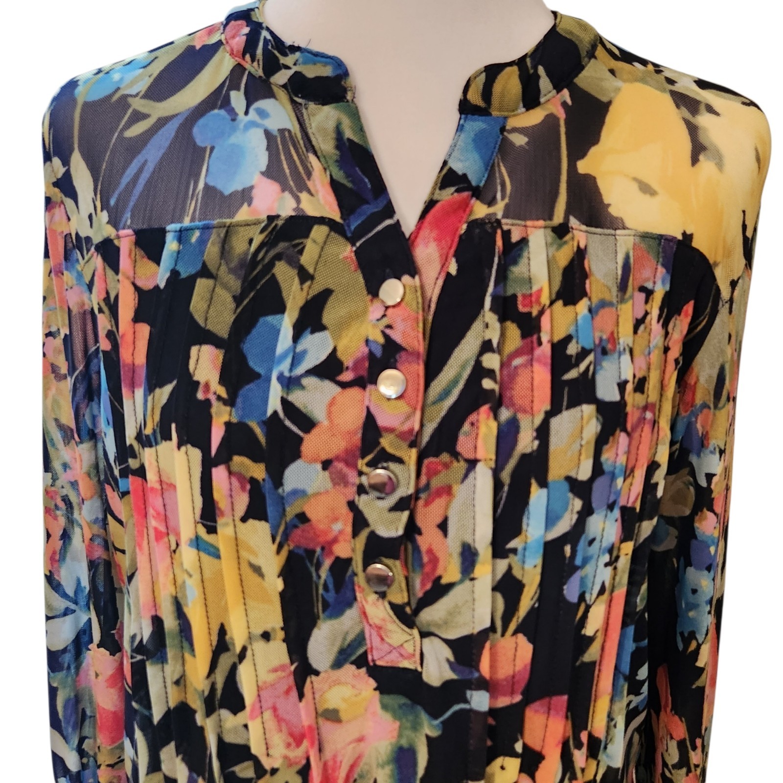 Roz & Ali Floral Boho Shirt 3/4 Sleeve Lined Pleated Blouse Fall Trends Office L