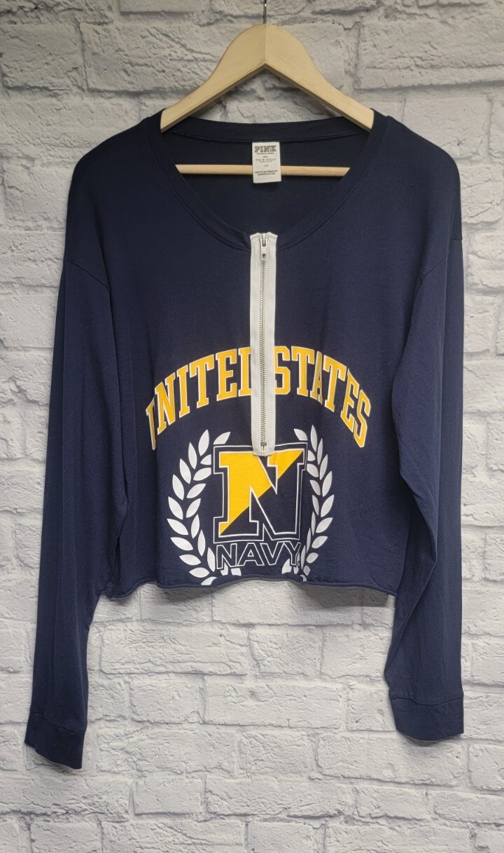 VICTORIA’S SECRET PINK 5TH & OCEAN L UNITED STATES NAVY BLUE ZIP CROPPED TOP TEE