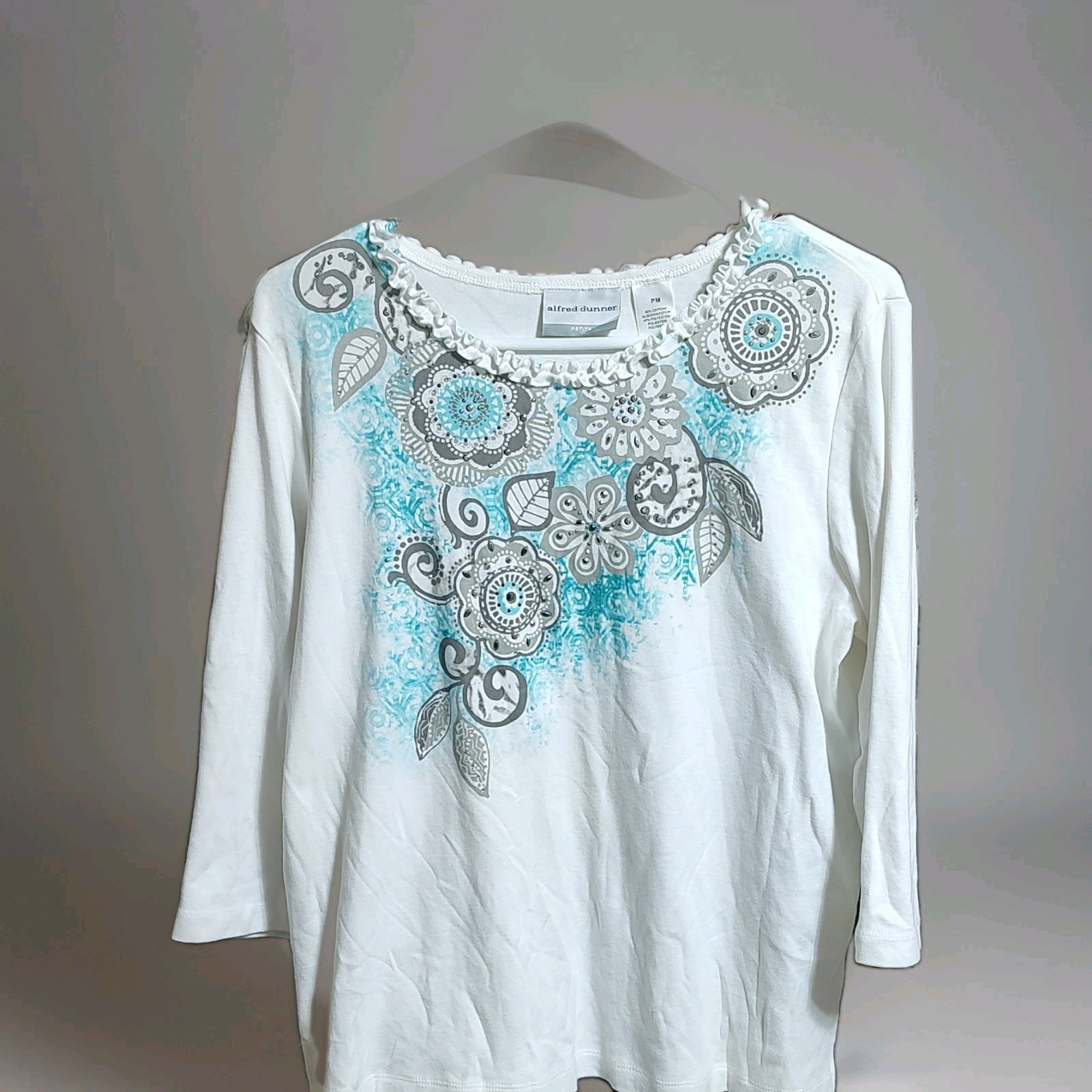 Alfred Dunner Womens Petite PM White Floral Round Neck 3/4 Sleeve Knit Top