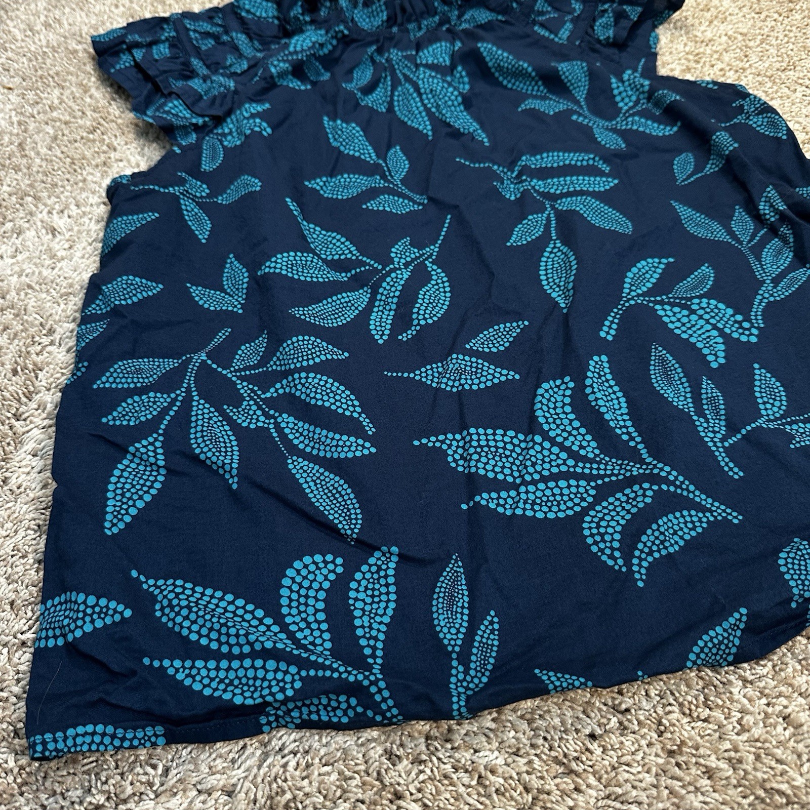 J.Crew Ruffle Neck Floral Leaf Print Blouse Top Womens Small Blue Cotton