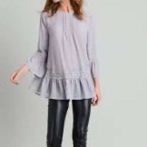 Doe & Rae, L, opaque rounded neckline,gray w/ undertones, pleated yoke front