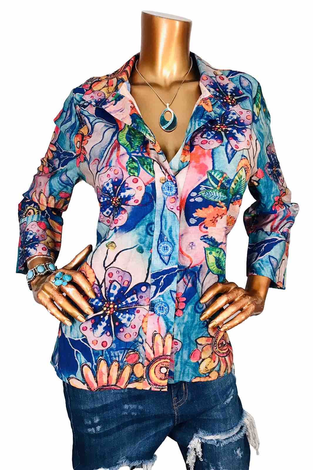 Variations L Top NWT $85 Floral Multi Print Button Up Shirt Soft Easywear 3/4 Sl