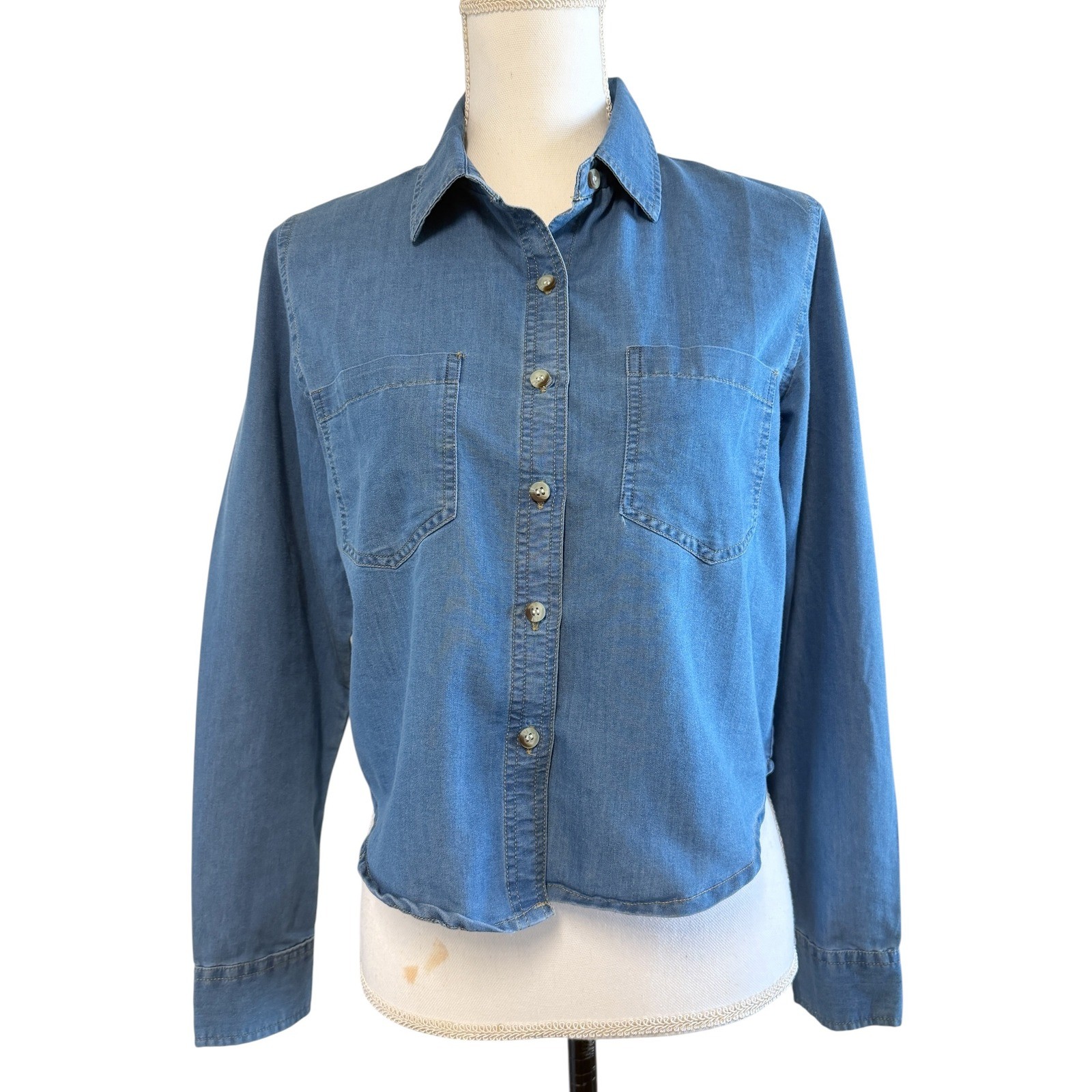 Style Envy Womens Denim Button Down Shirt Medium Wash Long Sleeve Cotton Large