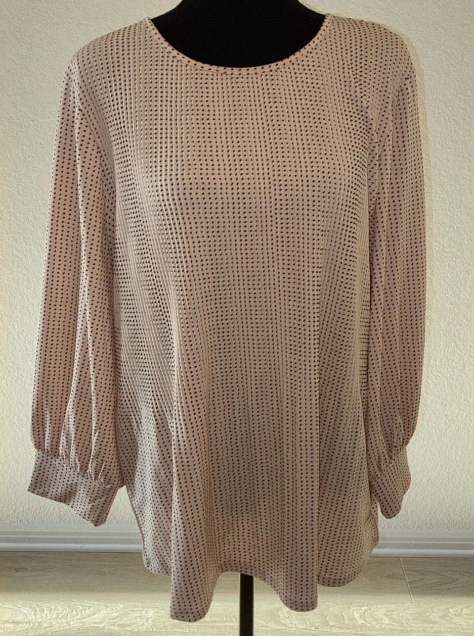 Adrianna Papell Trapeze Top 2X Blouse Blush Pink Polka Dot Keyhole Back