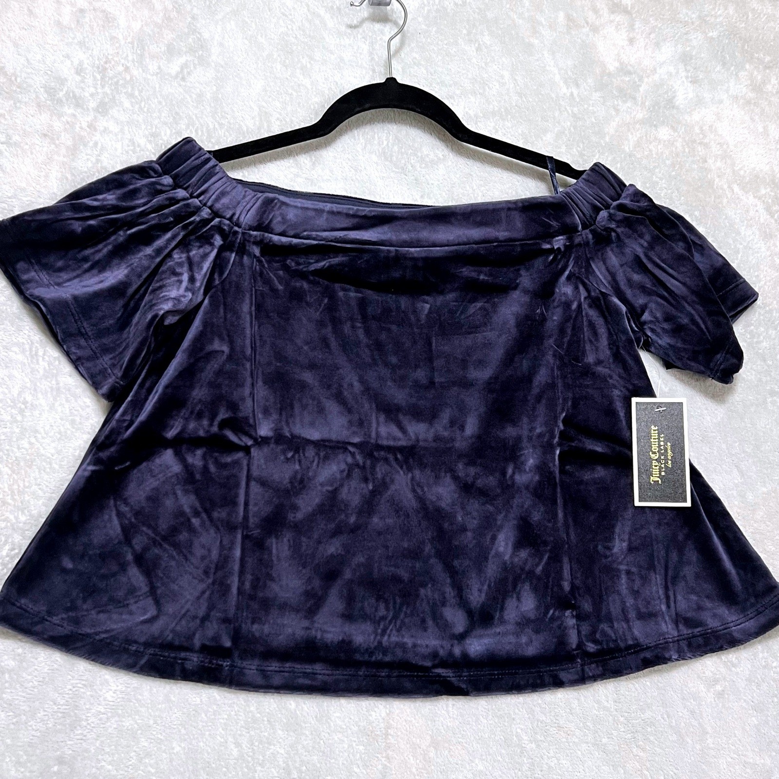 Juicy Couture Black Label Velour Off The Shoulder Navy Blue Top Womens XS NEW