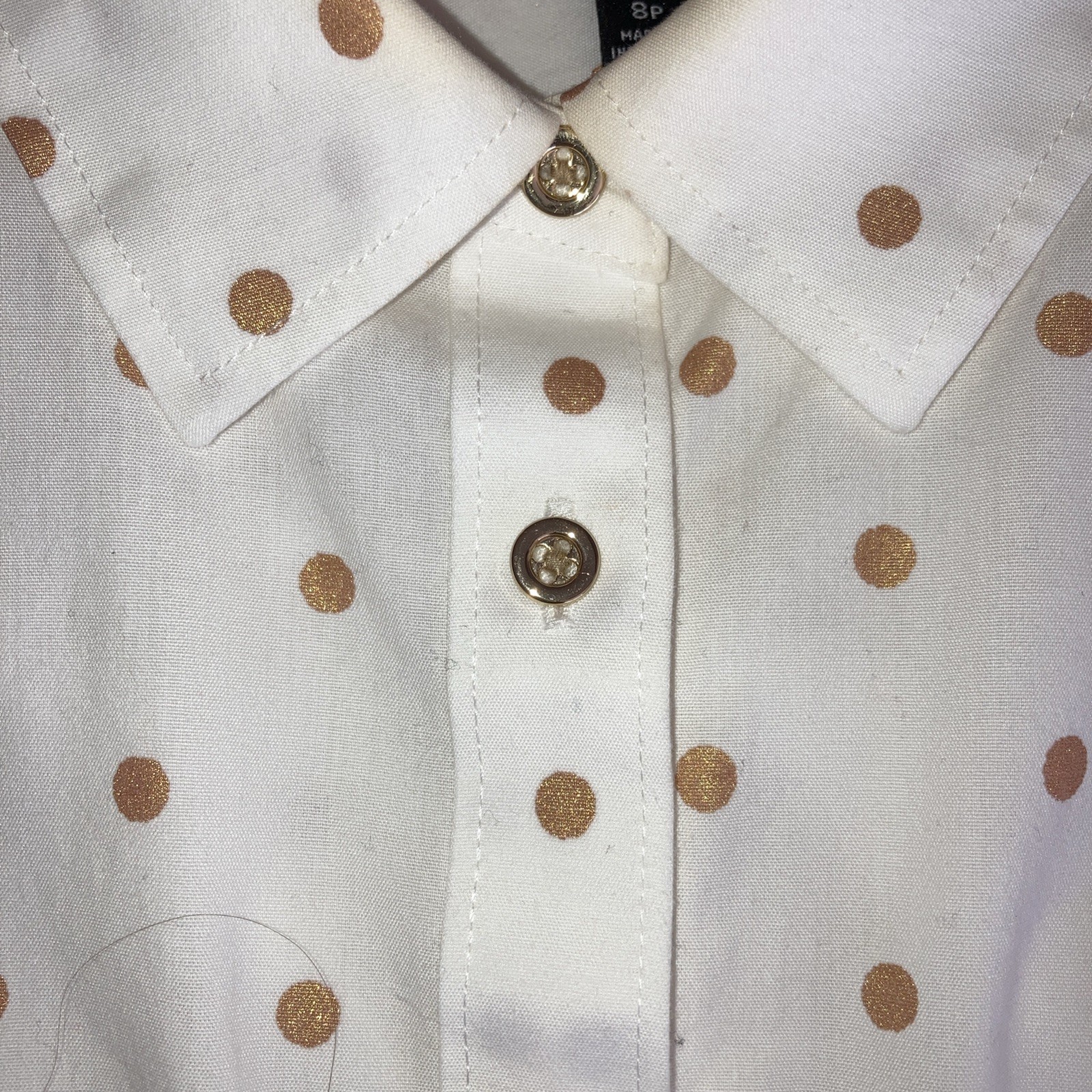 Talbots Women’s Blouse, Button Up W Collar, Size 8P S Polka Dot Pattern, VG