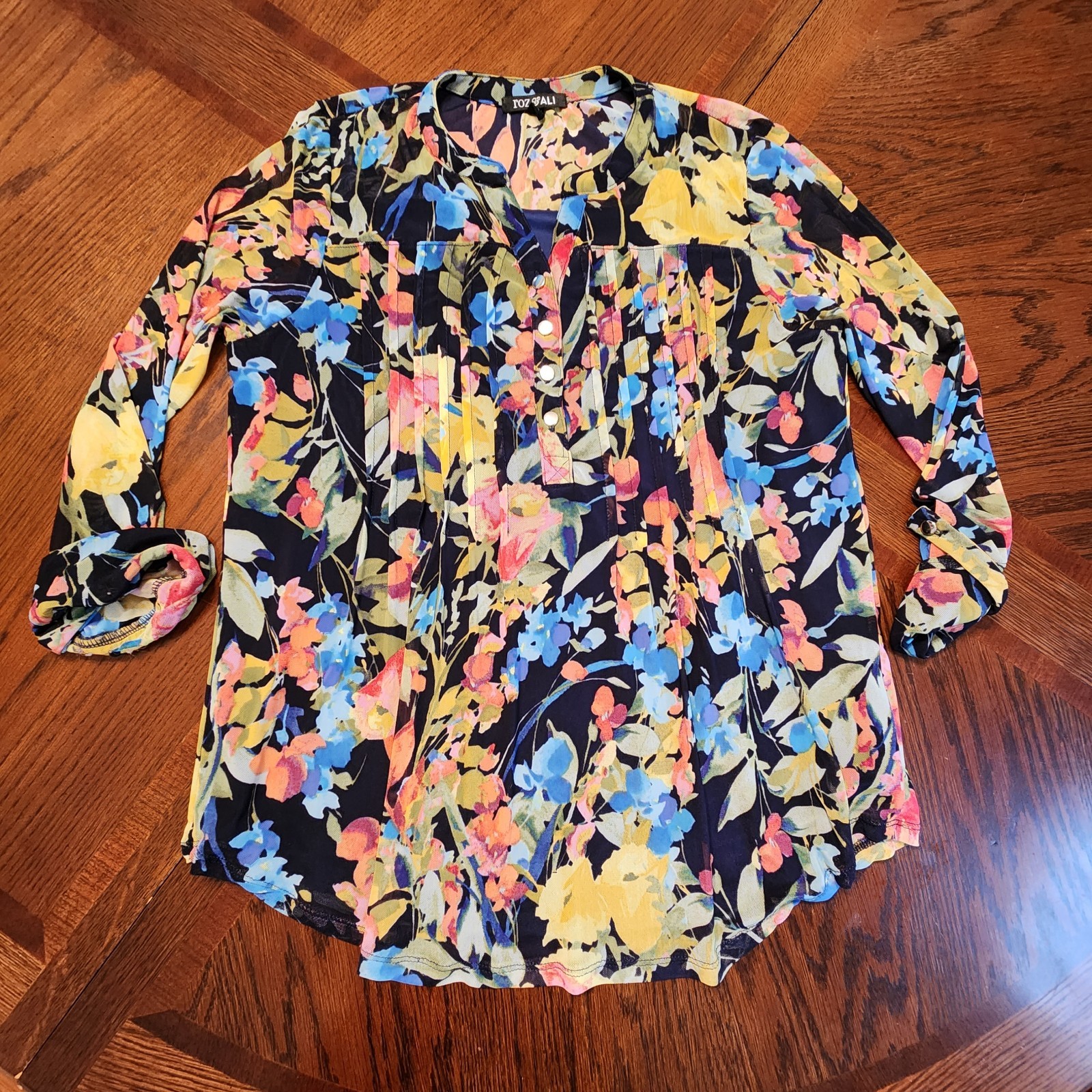 Roz & Ali Floral Boho Shirt 3/4 Sleeve Lined Pleated Blouse Fall Trends Office L