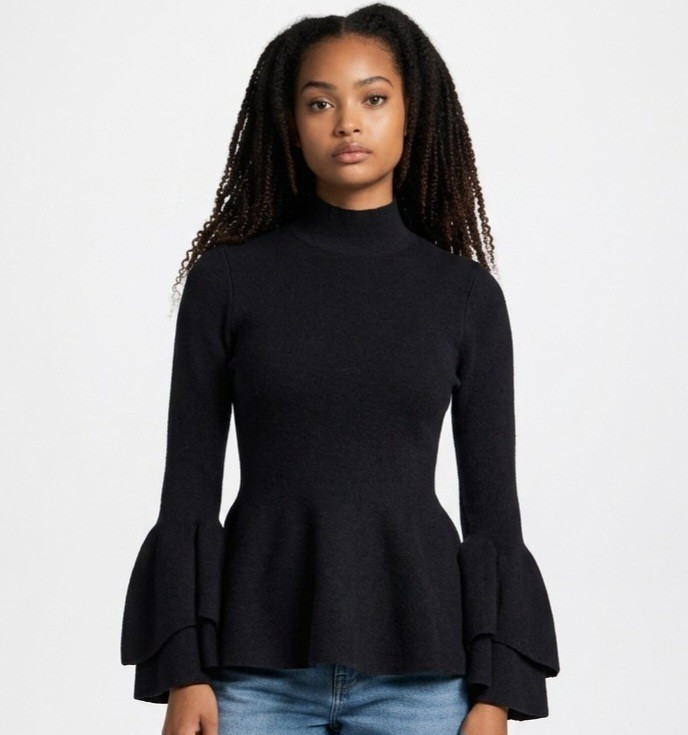 Tuckernuck Women Black High-Neck Bell Sleeves Polyester Nylon Wool Blend Top XS