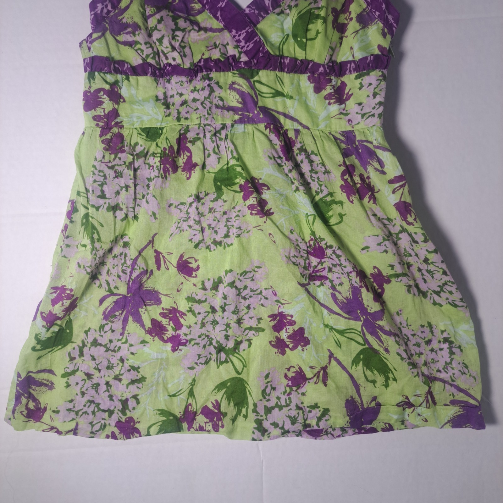 Kensie Y2K Green & Purple Floral Babydoll Top Criss Cross Straps Side Zip Sz XS