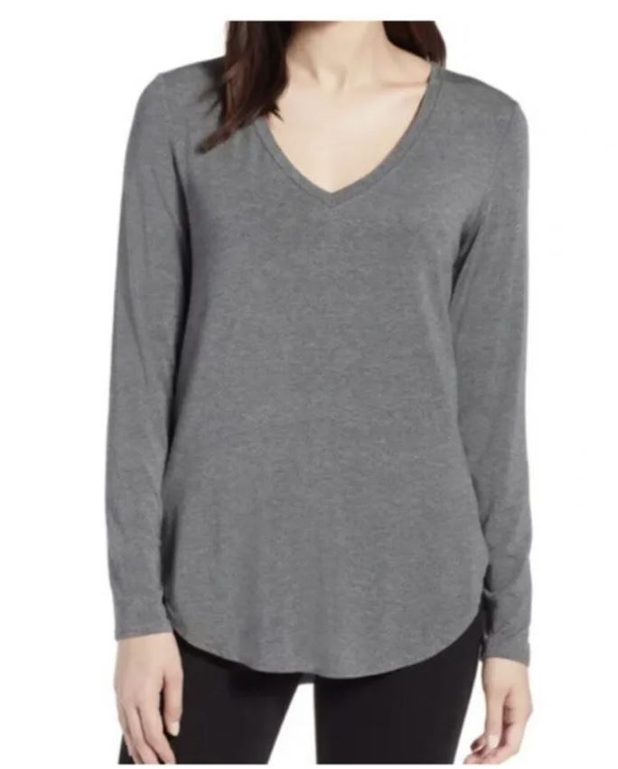 Halogen Women’s Long Sleeve V-Neck Modal Blend High/Low Tunic Tee in Gray Small