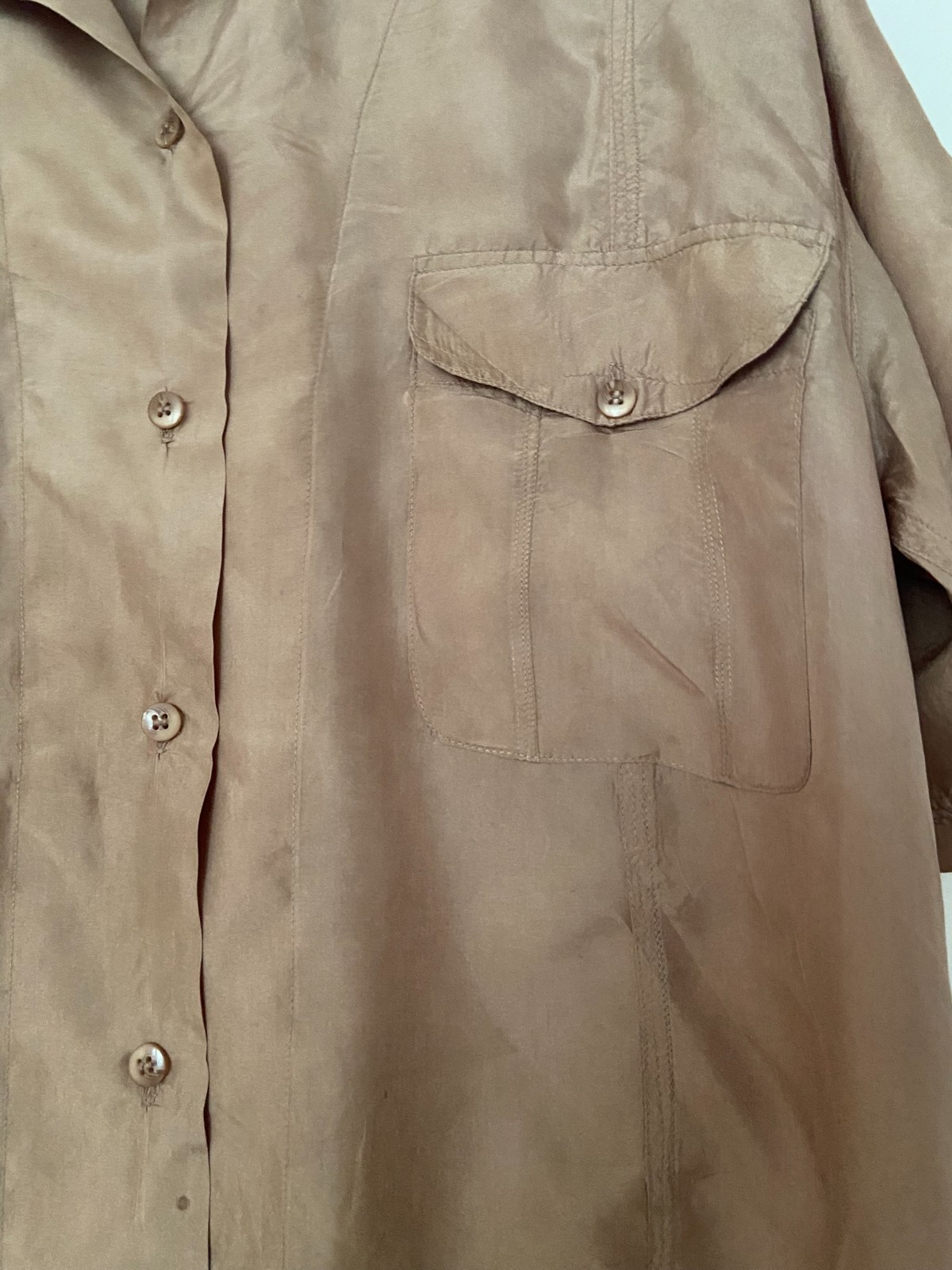 Setalini Blouse Classic Brown Button up 100% Silk M Short Sleeves Italy