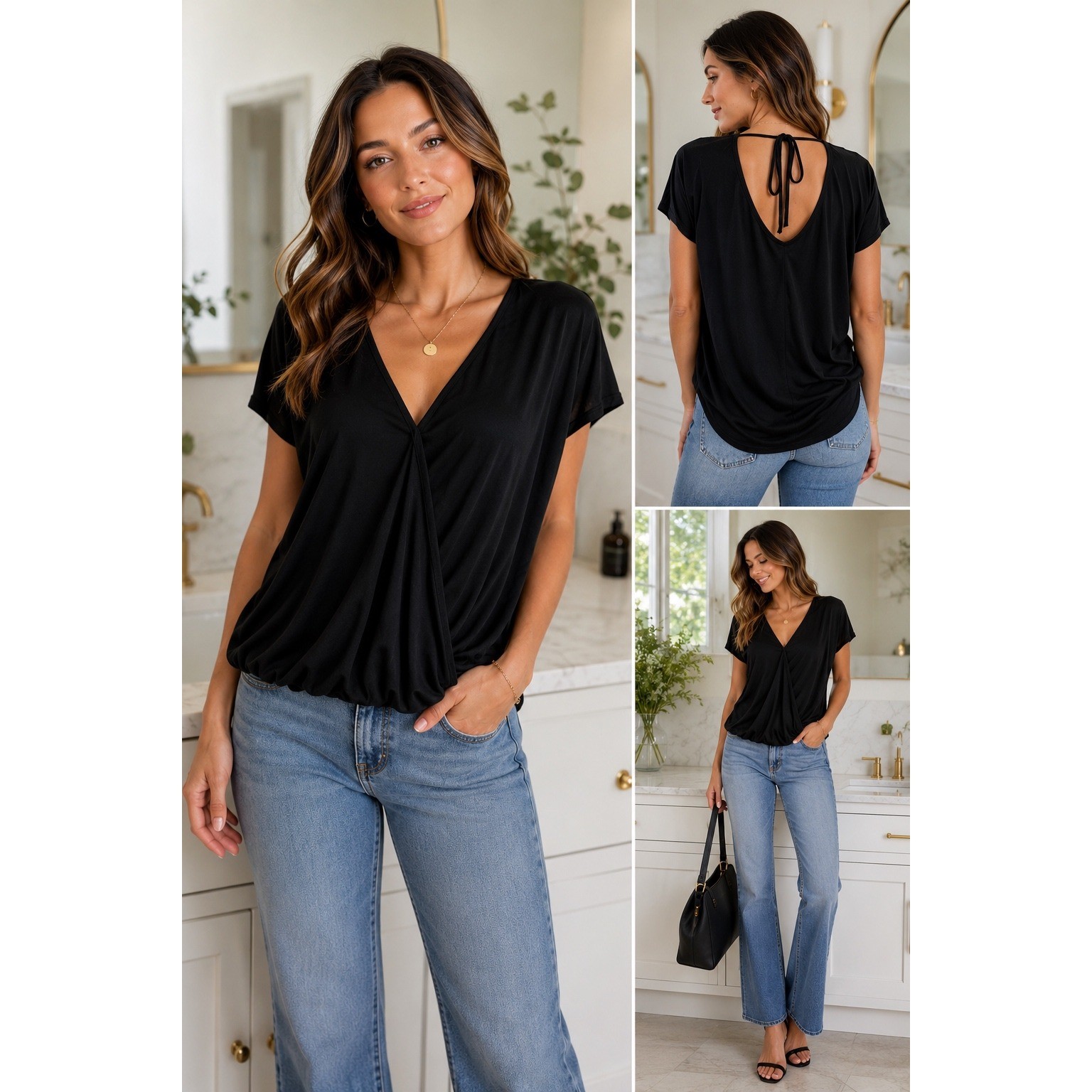 Green Envelope Womens M Black Surplice Faux Wrap Blouson Short Sleeve Stretch