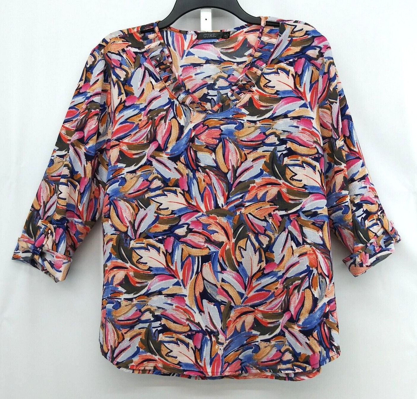 Cure Shirt Womens Large Colorful V-Neck 3/4 Sleeve Pullover Blouse Top