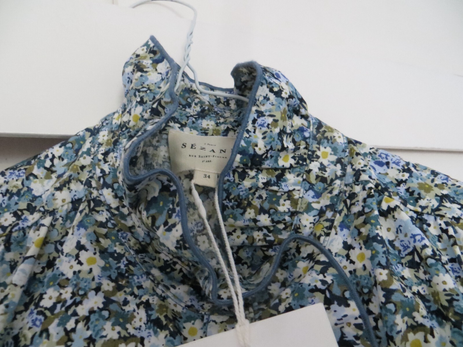 BNWT Sezane Caro Blue Print 100% Cotton Shirt Blouse Ruffles Sz XS / EU34 (UK 6)