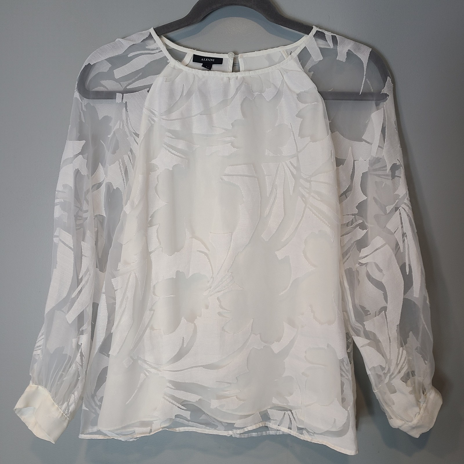 Alfani White sheer top Sz Large Boho Cottage Long Sleeve Resort Wedding Beach