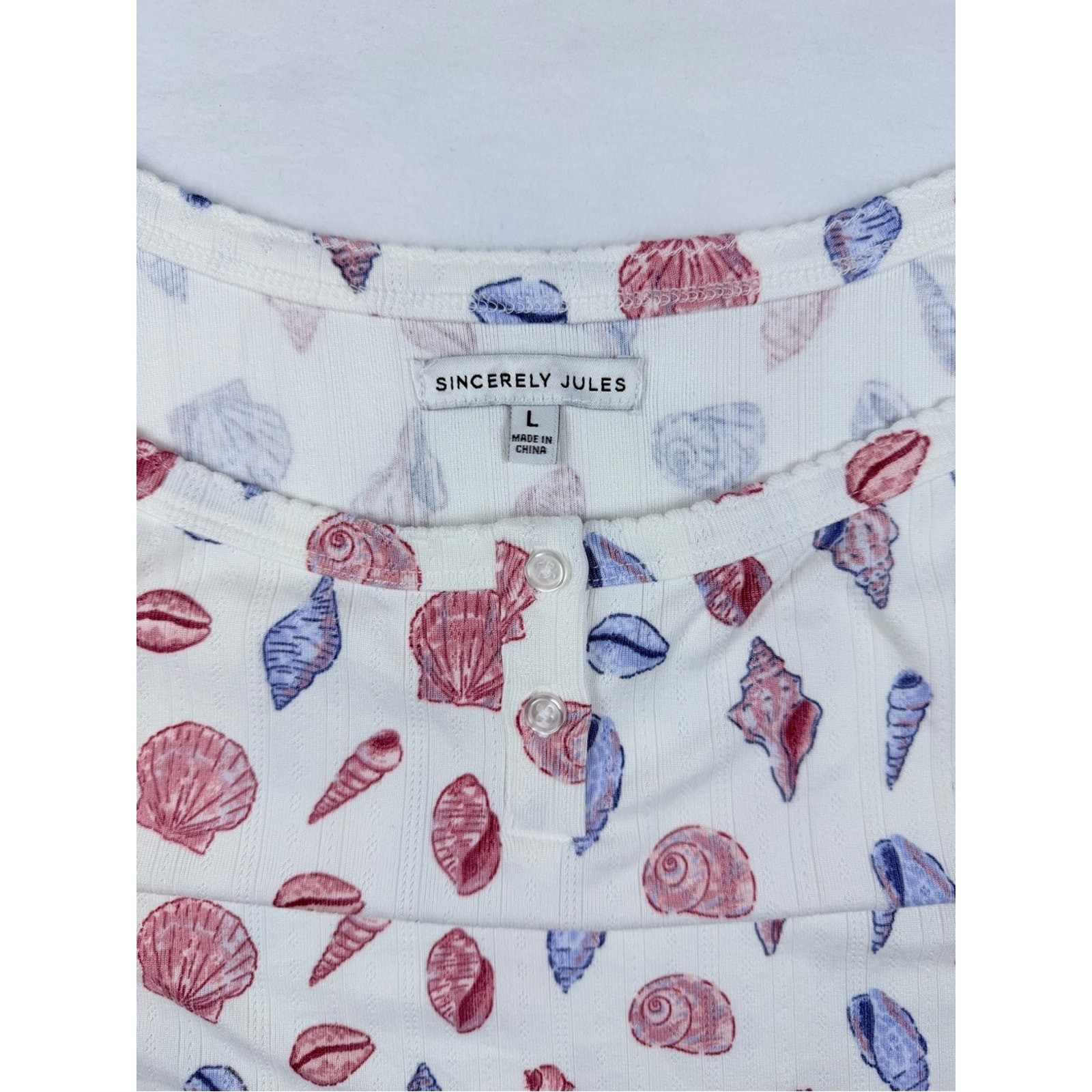 Sincerely Jules White Seashell Print Ribbed Tank Top Button Detail Size Large L