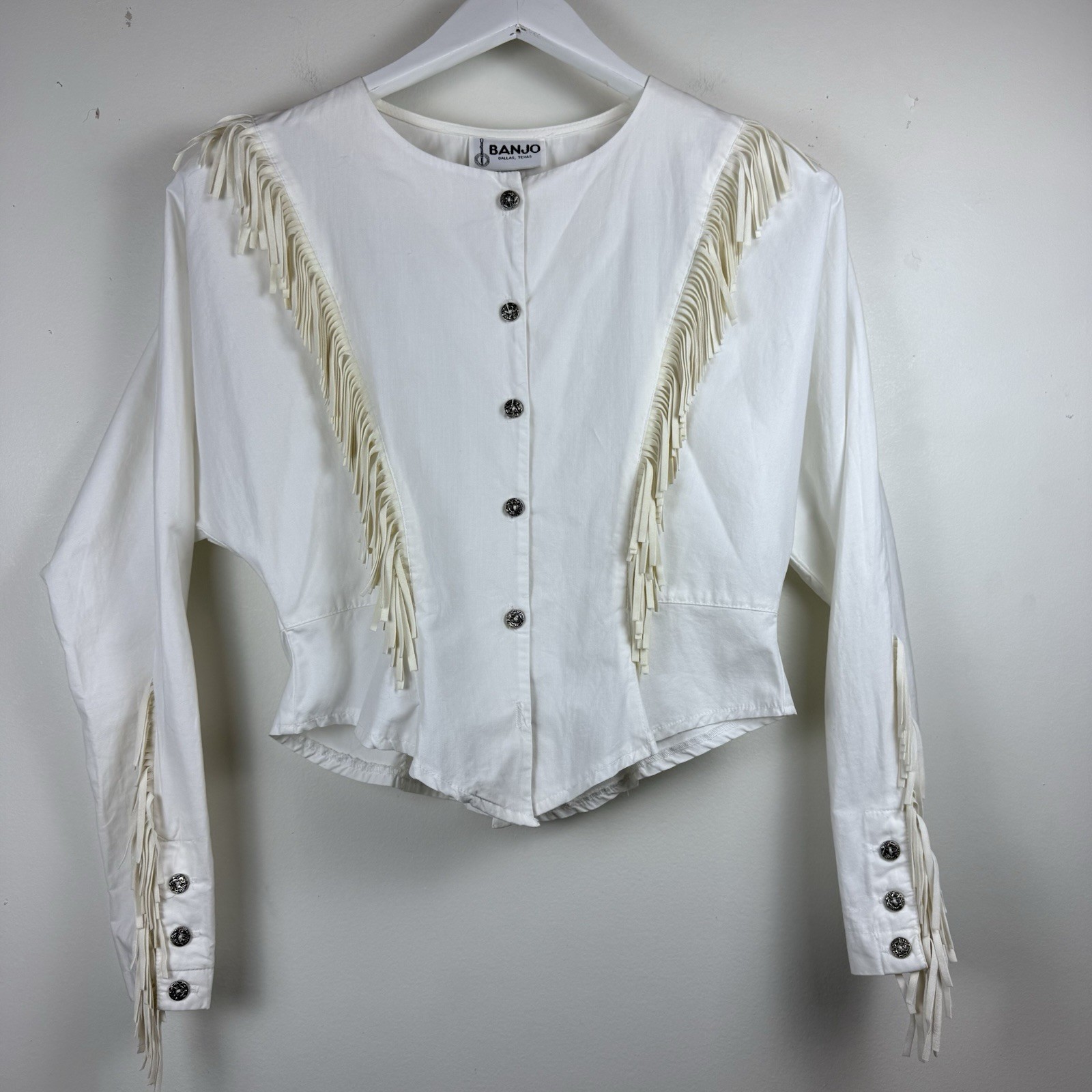 VTG Banjo Dallas Texas Cropped Western Fringe Top Womens SZ S Rodeo Glam Concho