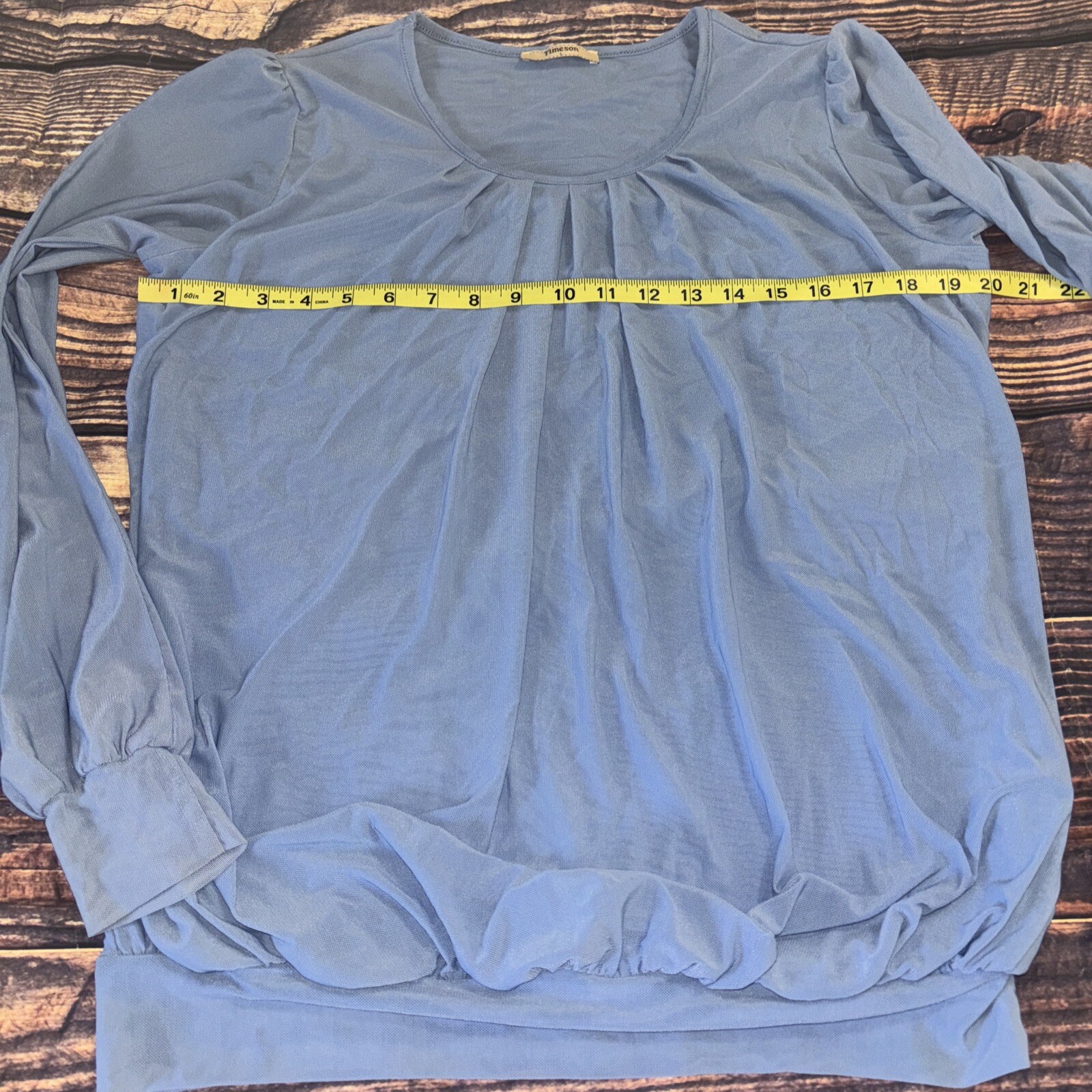 Timeson Blouse Blue Sheer Long Sleeve Large Pleated Banded Bottom Business