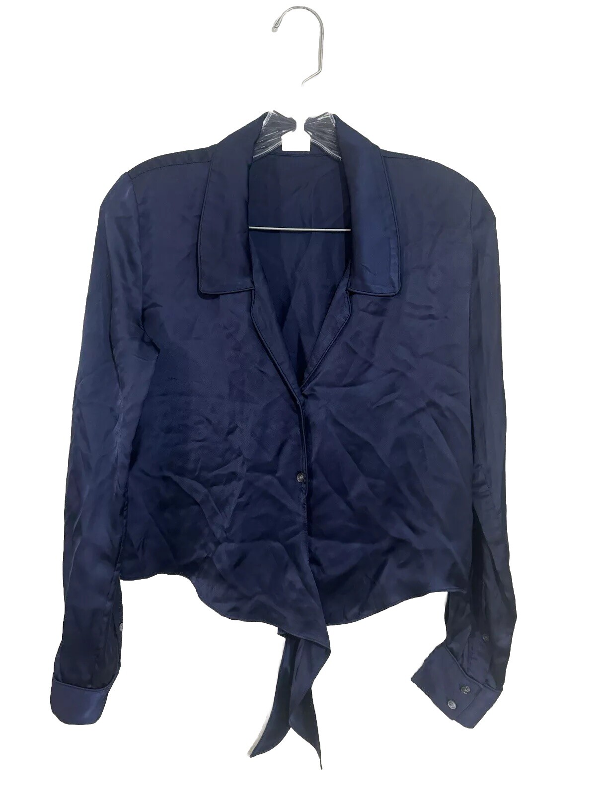 Wilfred Crop Top Womens XXSmall Navy Satin Cupro Vegan Silk Minimalist Blouse