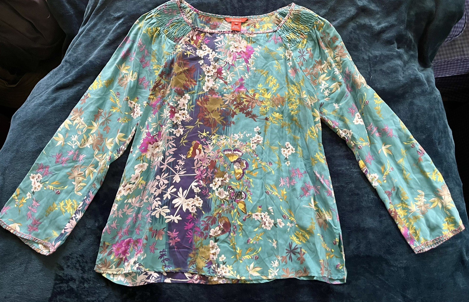 Sundance 100% Silk medium Blouse Teal Turquoise Floral Butterfly Boho Top