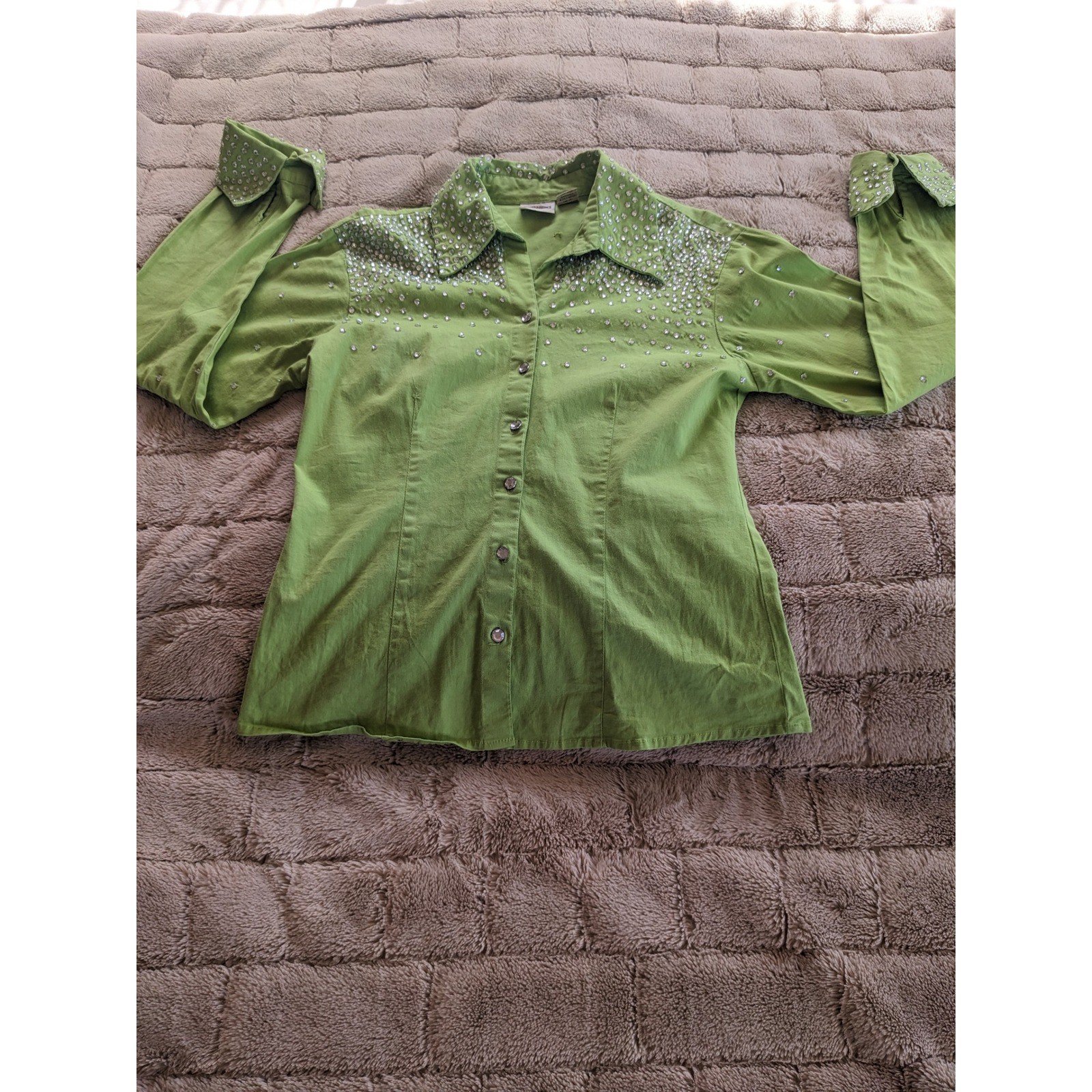 Rods Western Lime Green Rhinestone Embellished Button Up Shirt Womens XL Rodeo