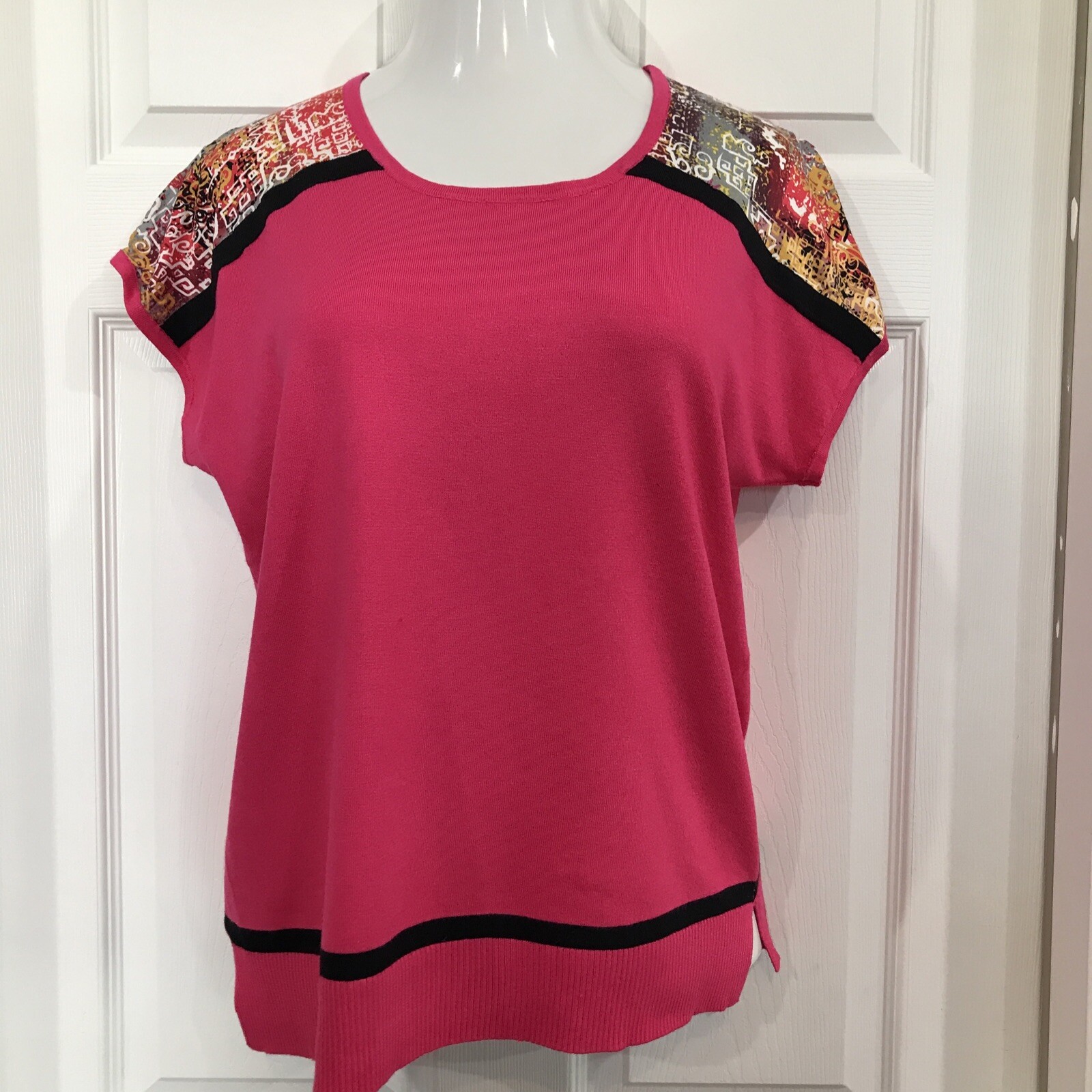 Cable & Gauge Womens Knit Sweater Top Hot Pink Fine Knit Short Sleeve XL