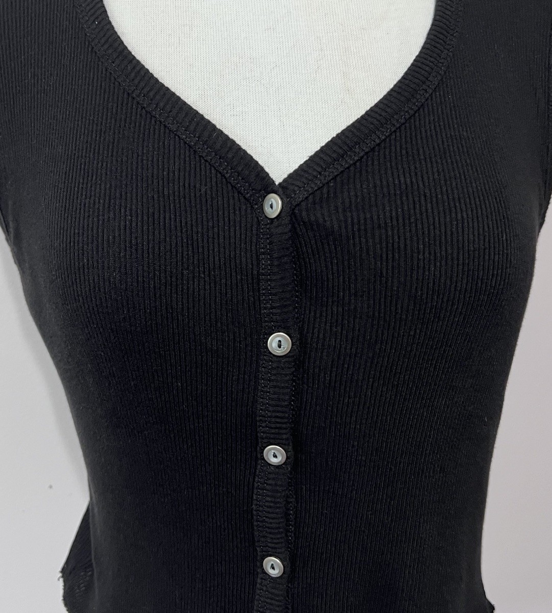 Express Tricot Ribbed V Neck Button Down Tank Top Large Black 90s Y2K Grunge