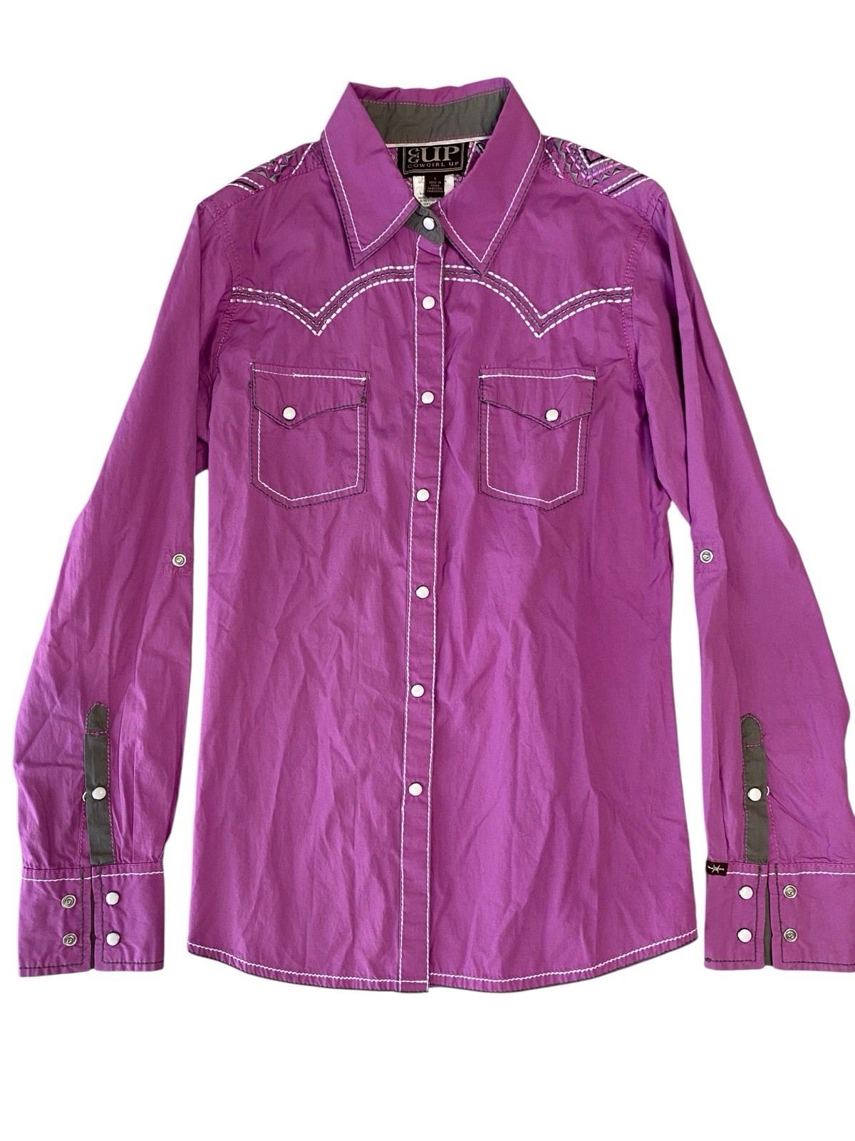 Cowgirl Up Western Embroidered Cotton Button-Up Collared Purple Long Sleeve S
