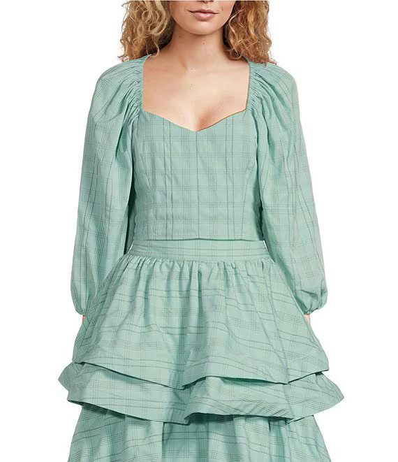 Buru Size XS Aqua Stripe Sweetheart Neck Balloon Sleeve Bustier Cropped Top
