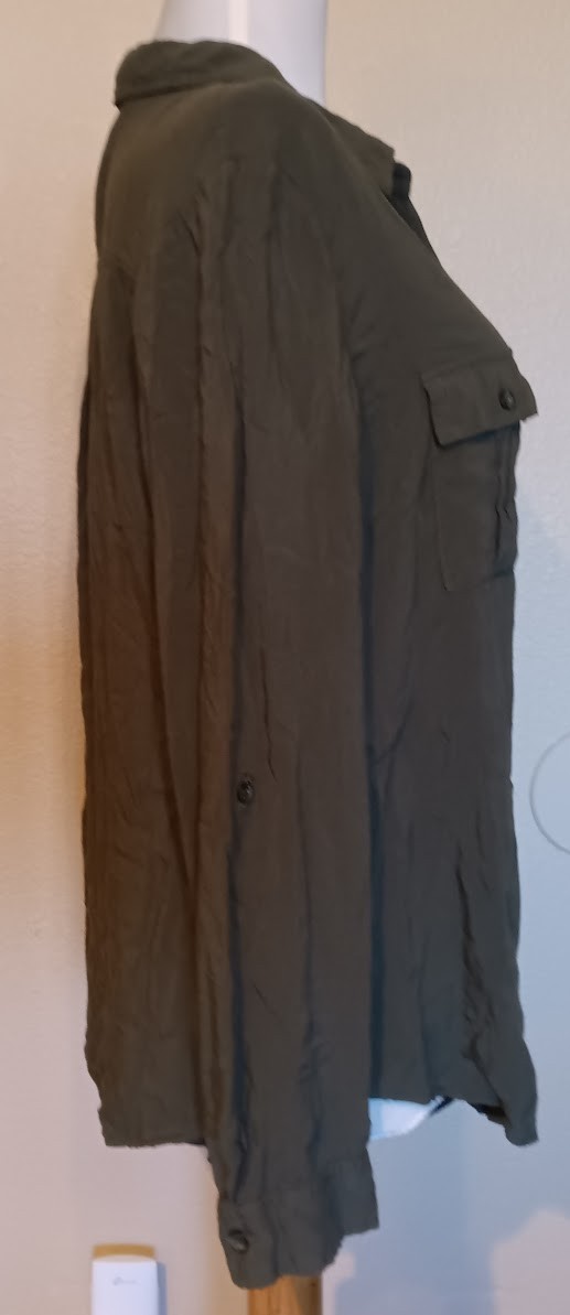 a.n.a. Olive Green Long Sleeve Rayon Roll-Tab Shirt Women’s Large Washable ~NICE