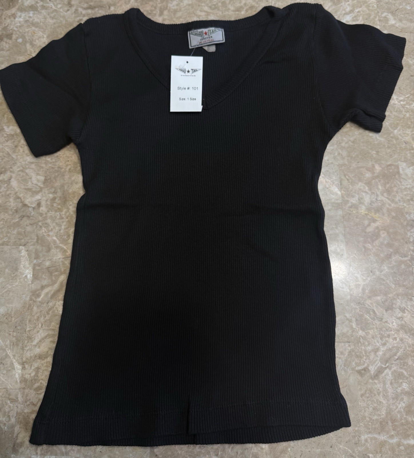 Hard Tail Forever Black Ribbed V-Neck Tee Shirt Style 101 One Size Made in USA