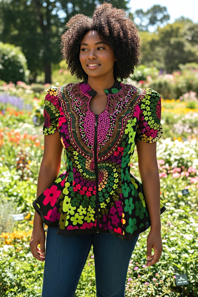 Multicolor Floral Beaded Peplum Zip Blouse Mandarin Collar Short Sleeve PS