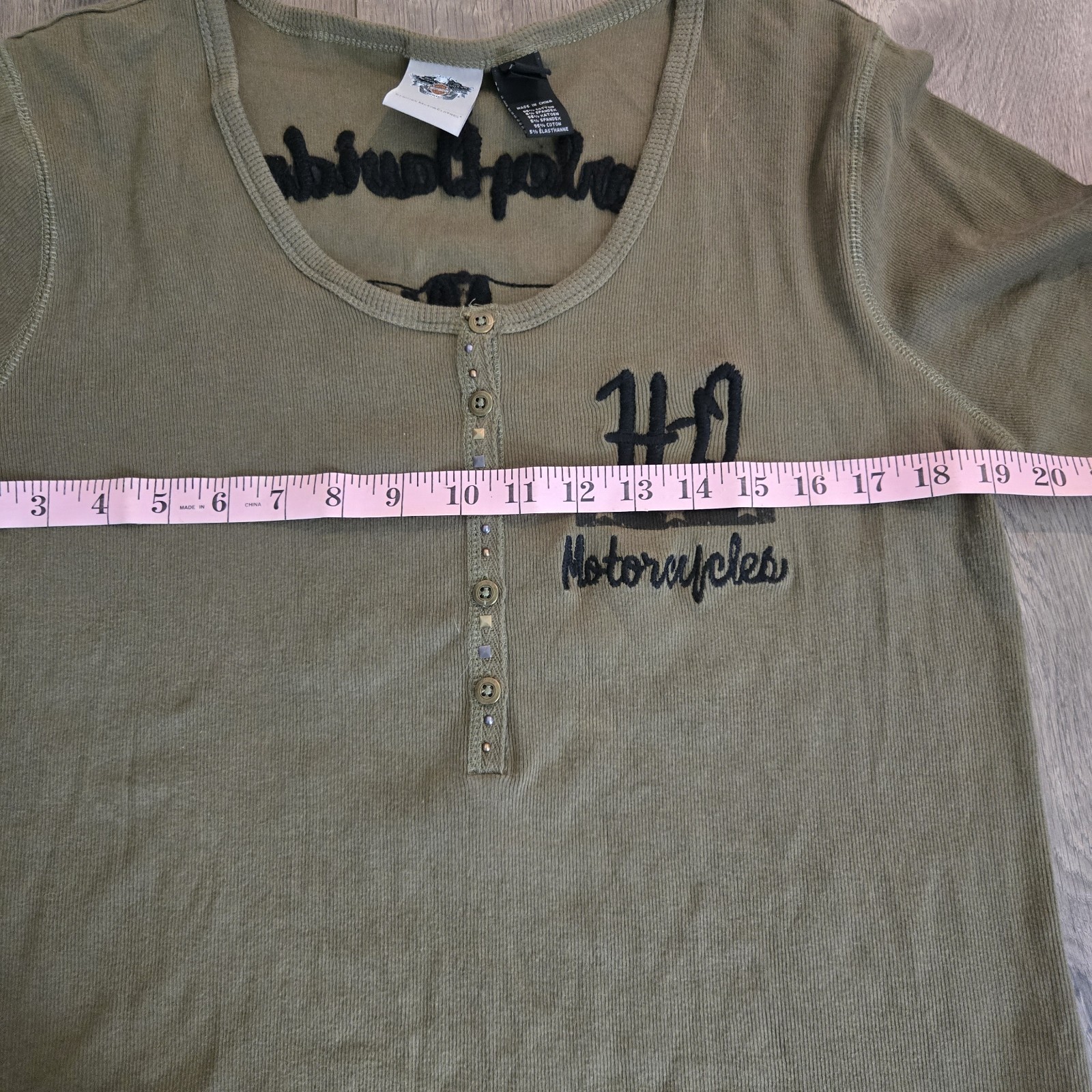 Harley Davidson Womens 2XL Henley Thermal Long Sleeve Army Olive Green Studded