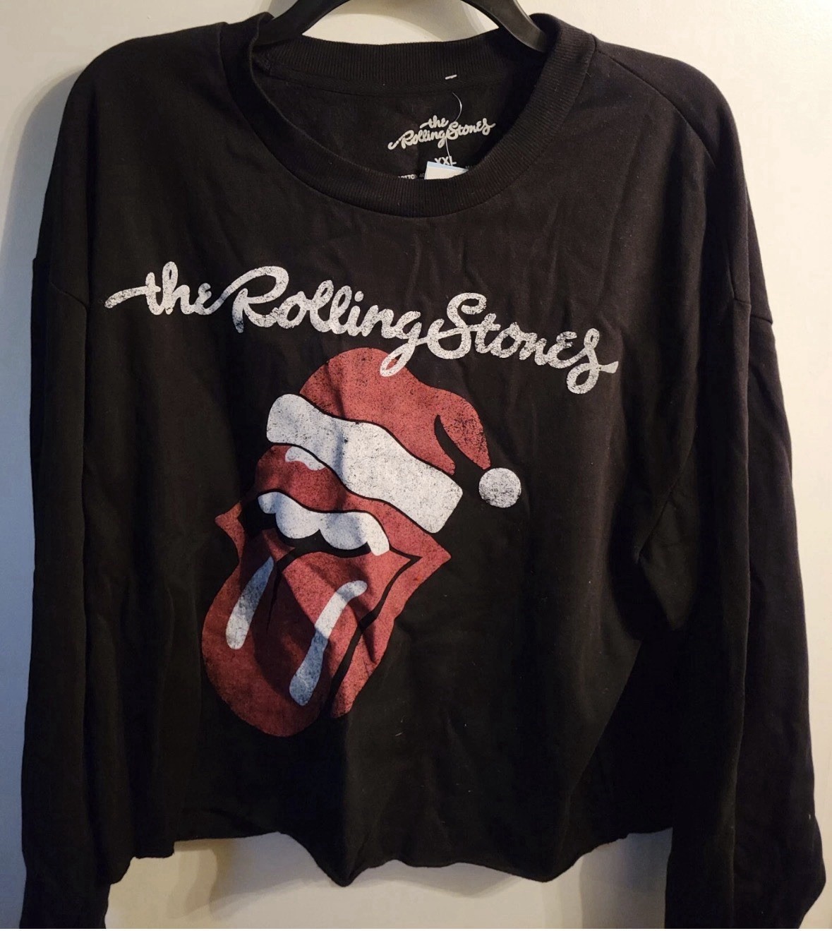 Rolling Stones Holiday Womens Medium Long Sleeve Shirt Santa Hat Crop Top Junior