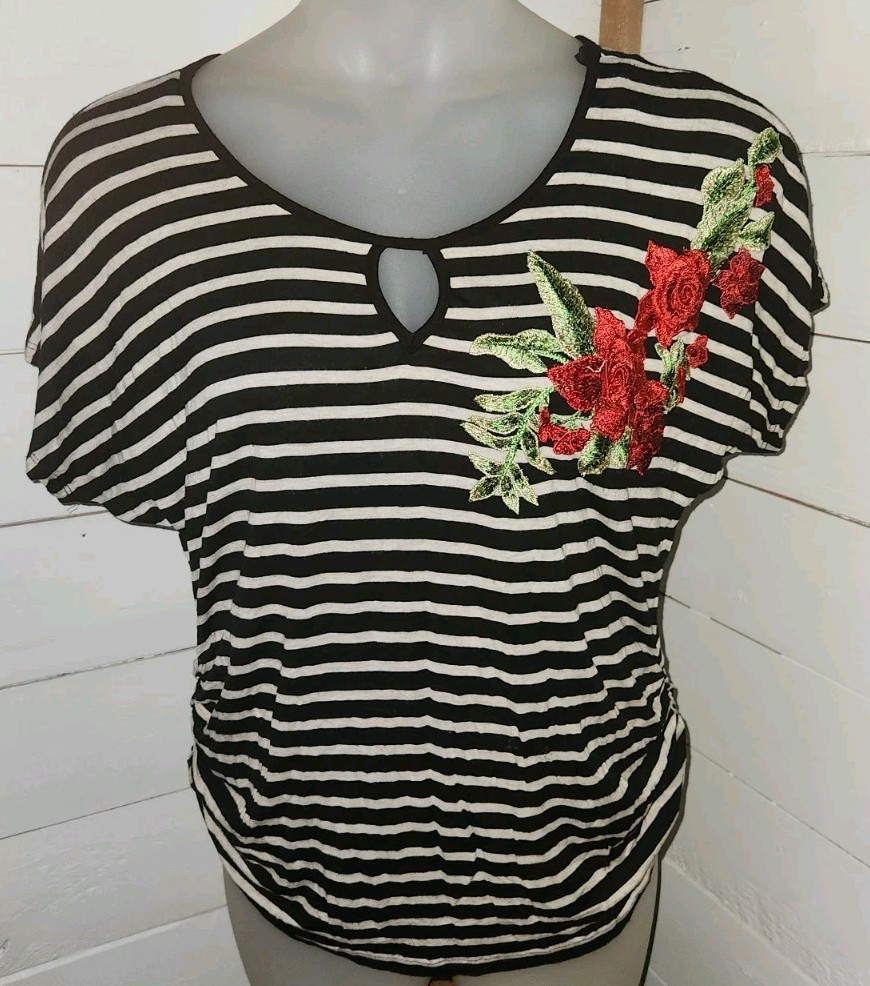 Expresso Blouse Crochet Flower Stripe Size Womens 1X Stretch Free Shipping