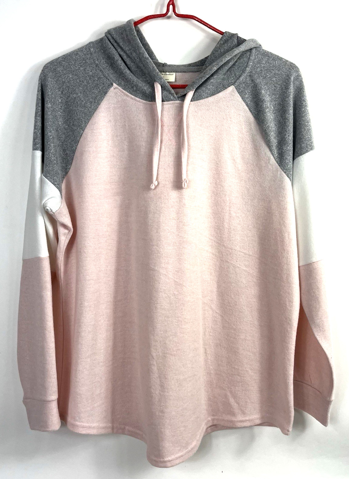 Bobbie Brooks Women’s Gray Pink White Hood Draw String Long Sleeve Blouse Sz XL