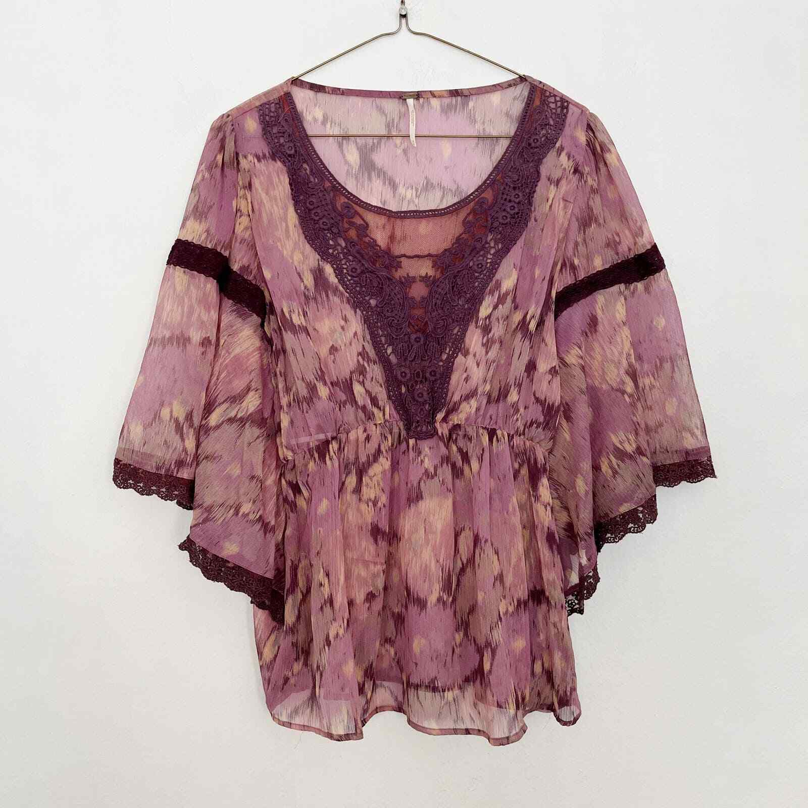 Free People Blouse Womens Size Medium Purple Printed Embroidered Chiffon Sheer