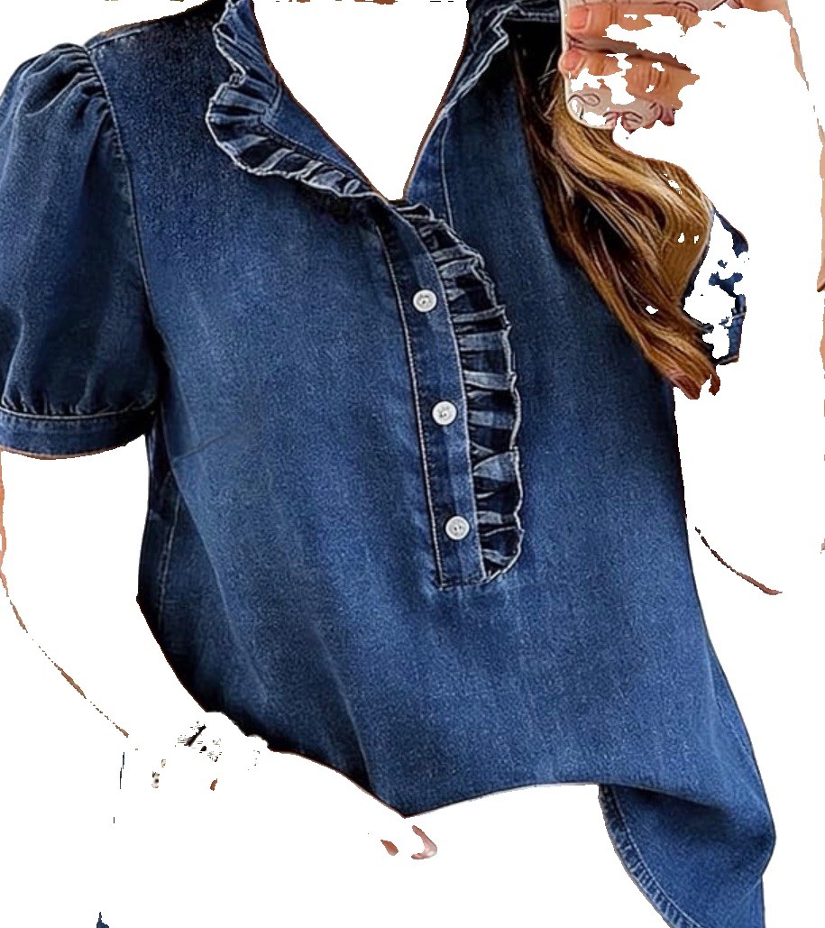 Women’s Dark Blue Denim Collared Button Front Ruffle Puff Sleeve Blouse XL