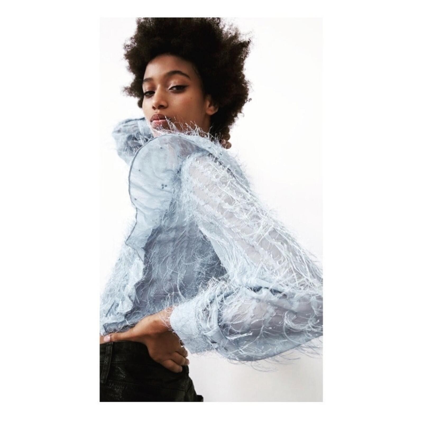 Zara Pale Blue Fringe Feather Ruffle Blouse With Sequins Top size Size Large