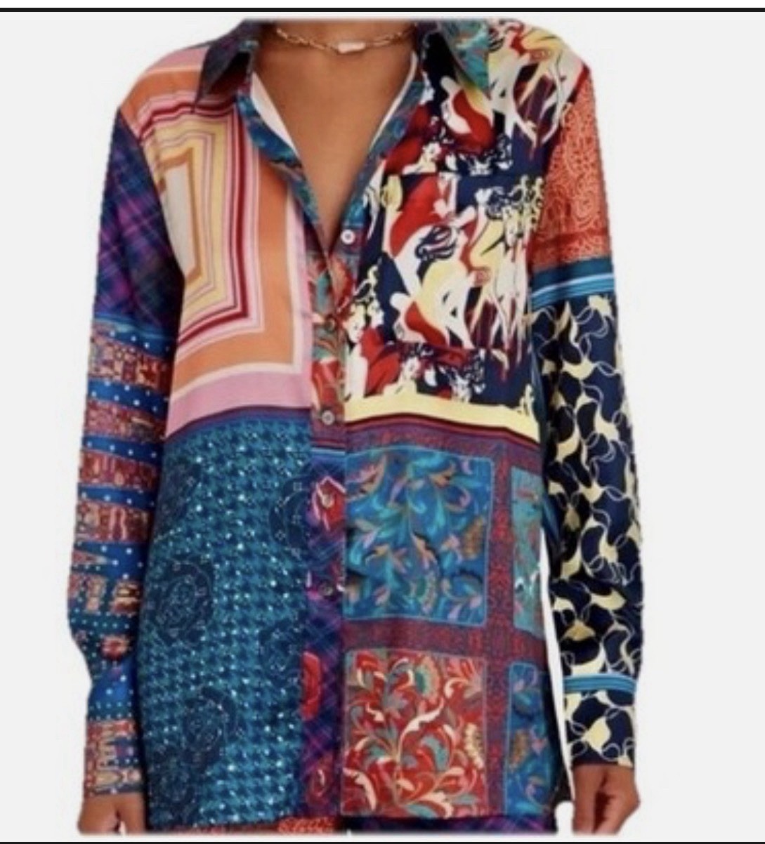 STAUD Martha Patchwork Satin Twill Tunic Button Blouse Multi Color Print Top L