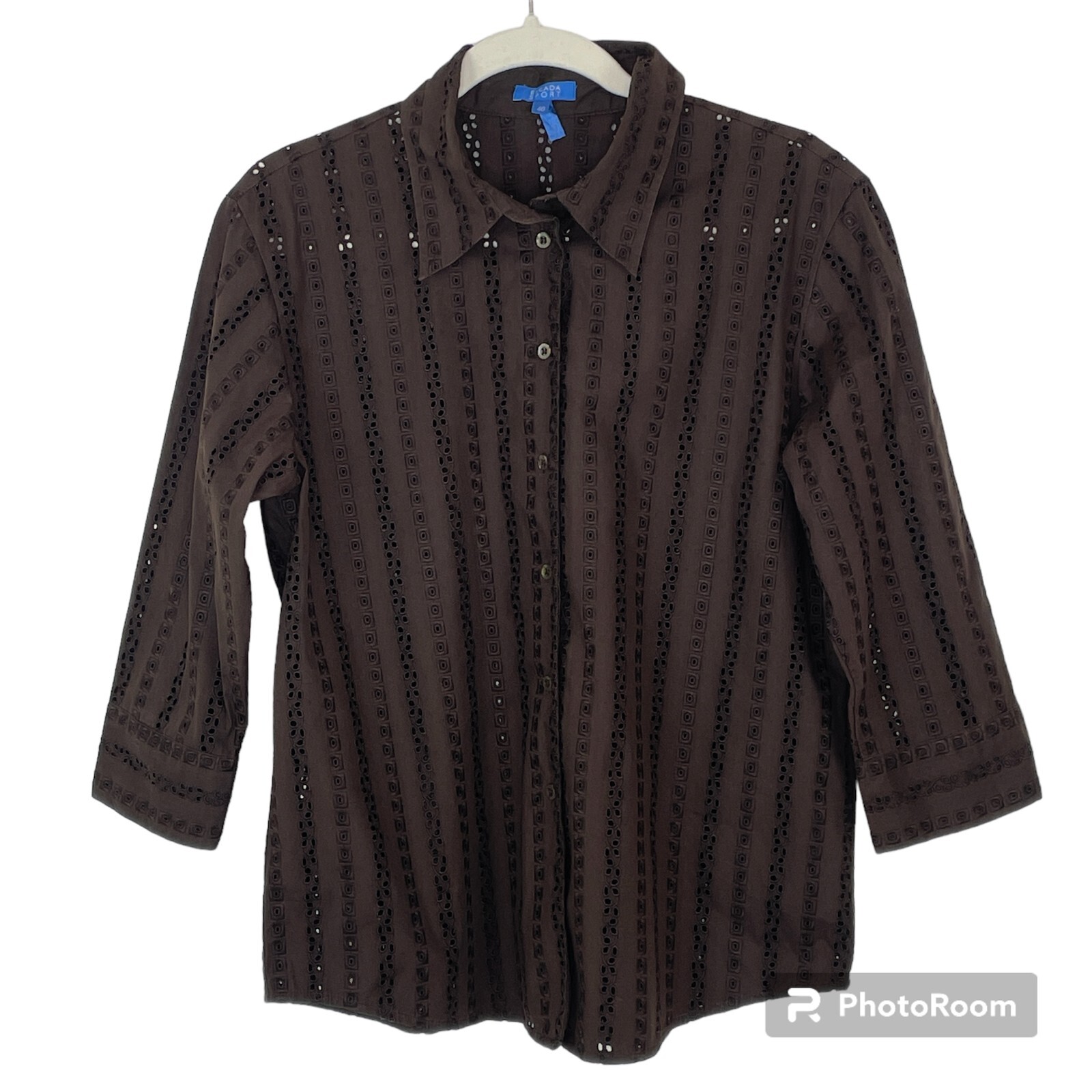 Escada Sport Shirt Top EU Size 40 M L Eyelet Brown Button Up 100% Cotton 3/4 Slv