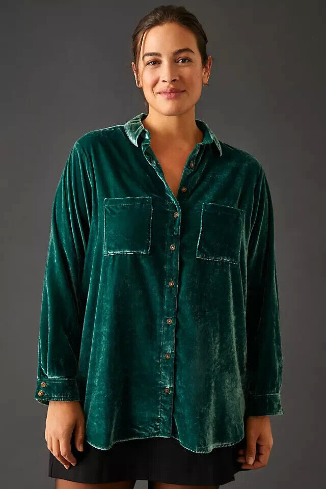 Relaxed Velvet Buttondown Shirt Anthropologie Pilcro Hadley Green Size XS NEW