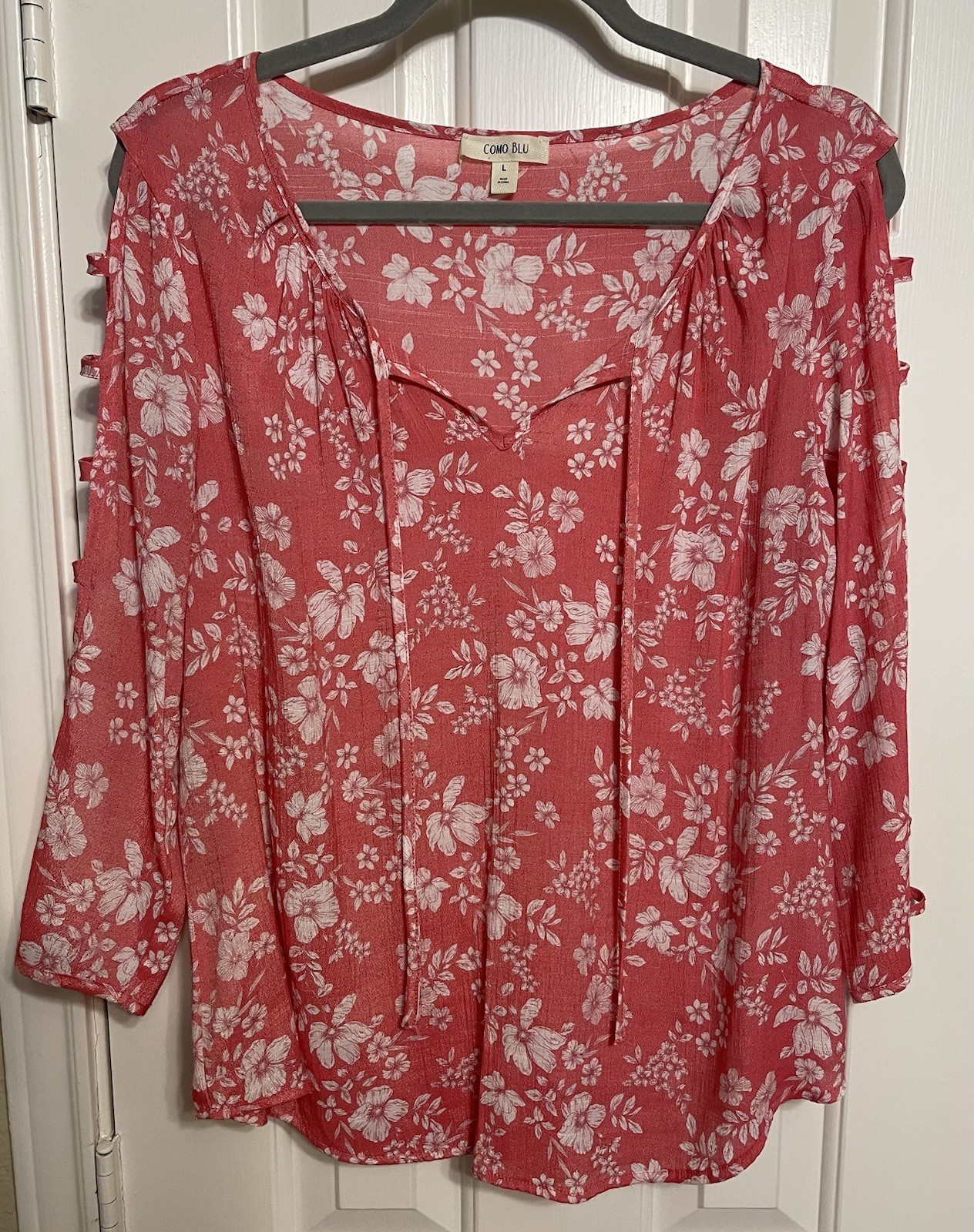 Como Blu 3/4 Sleeve Lightweight V-neck Front Tie Top Blouse L Floral Summer