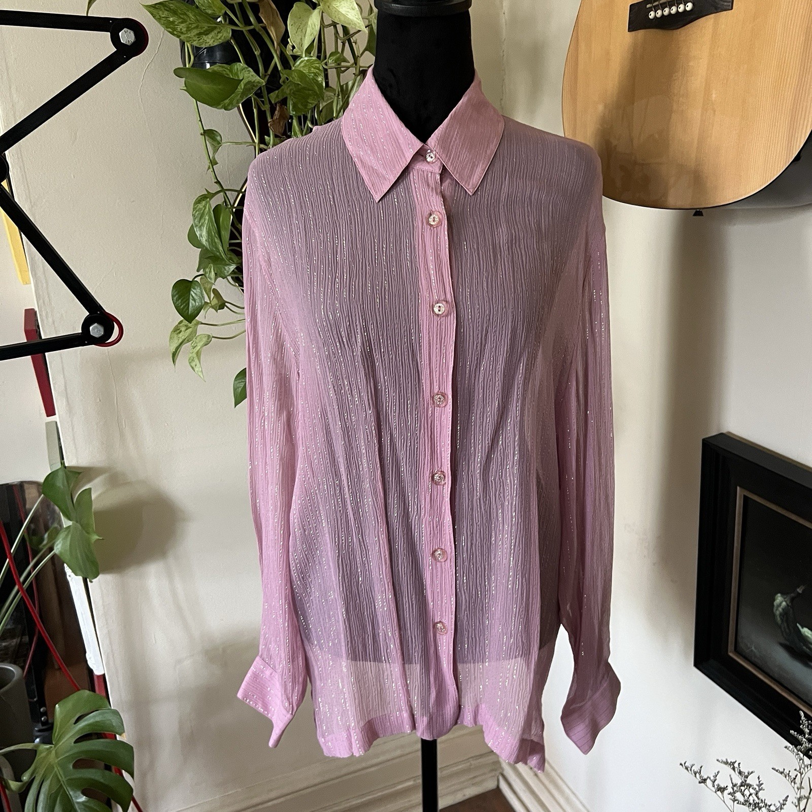 Draper’s And Damon’s Petites Pink Metallic Accent Silk Blouse Size Large Petite
